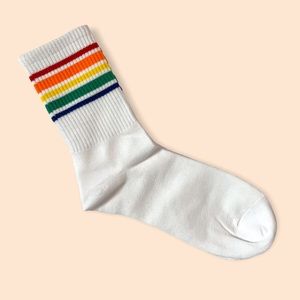 Novelty Crew Socks White Ribbed With Rainbow Athletic Stripes Woven Around Ankle